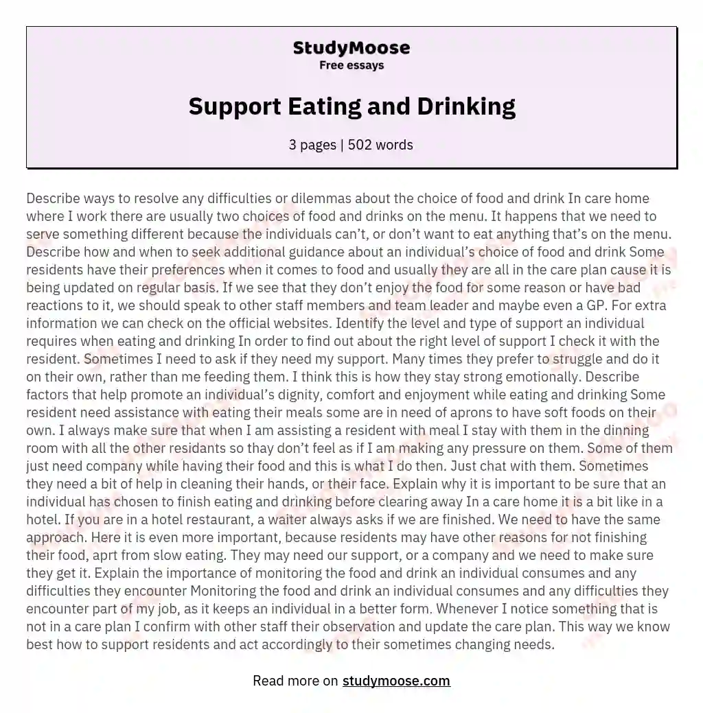 Support Eating and Drinking essay