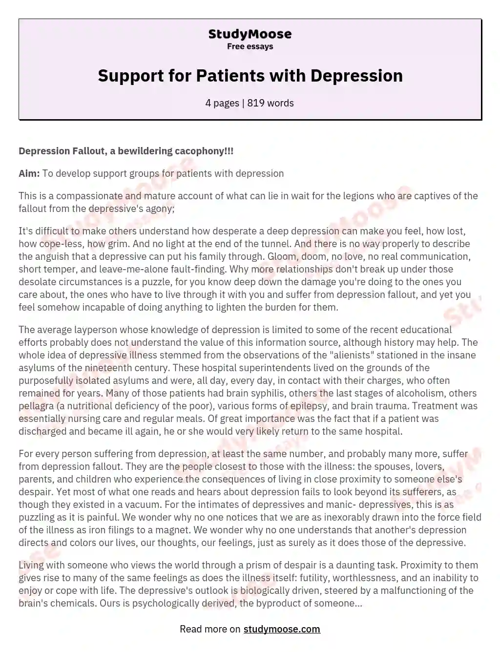 Support for Patients with Depression essay