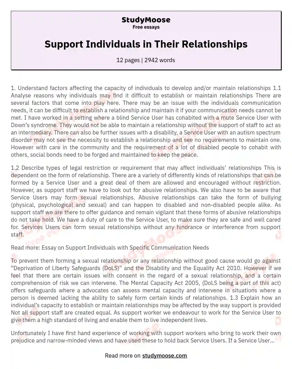 Support Individuals in Their Relationships essay