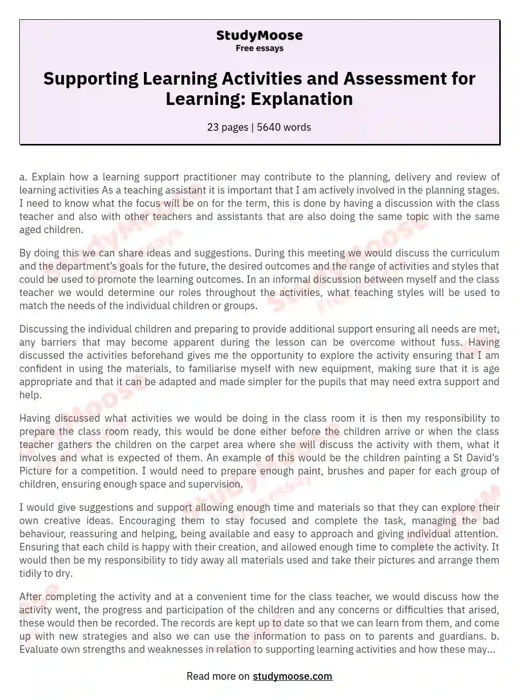 Supporting Learning Activities and Assessment for Learning: Explanation essay