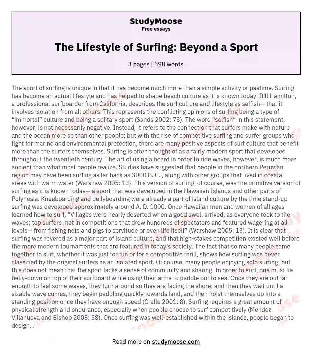 The Lifestyle of Surfing: Beyond a Sport essay
