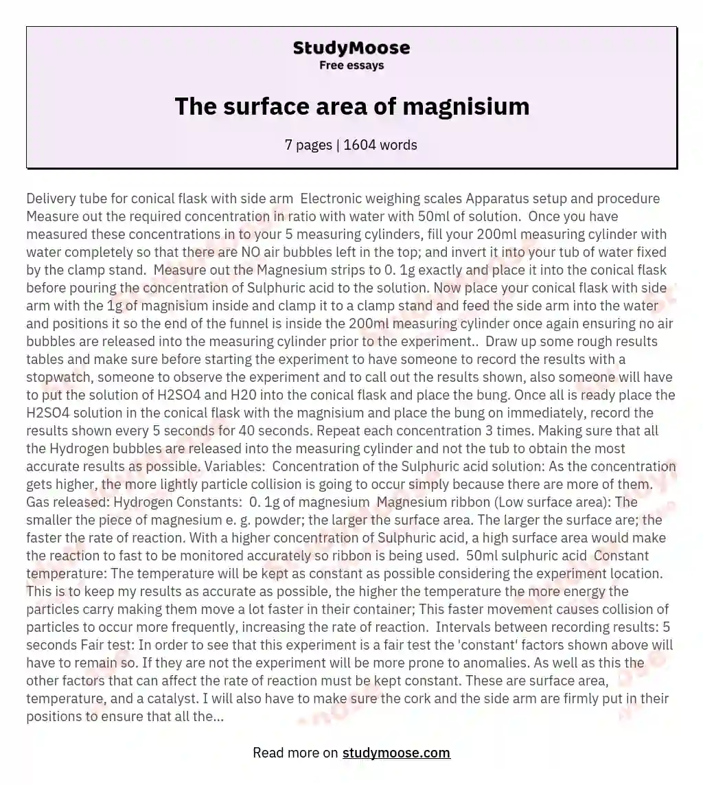 The surface area of magnisium
