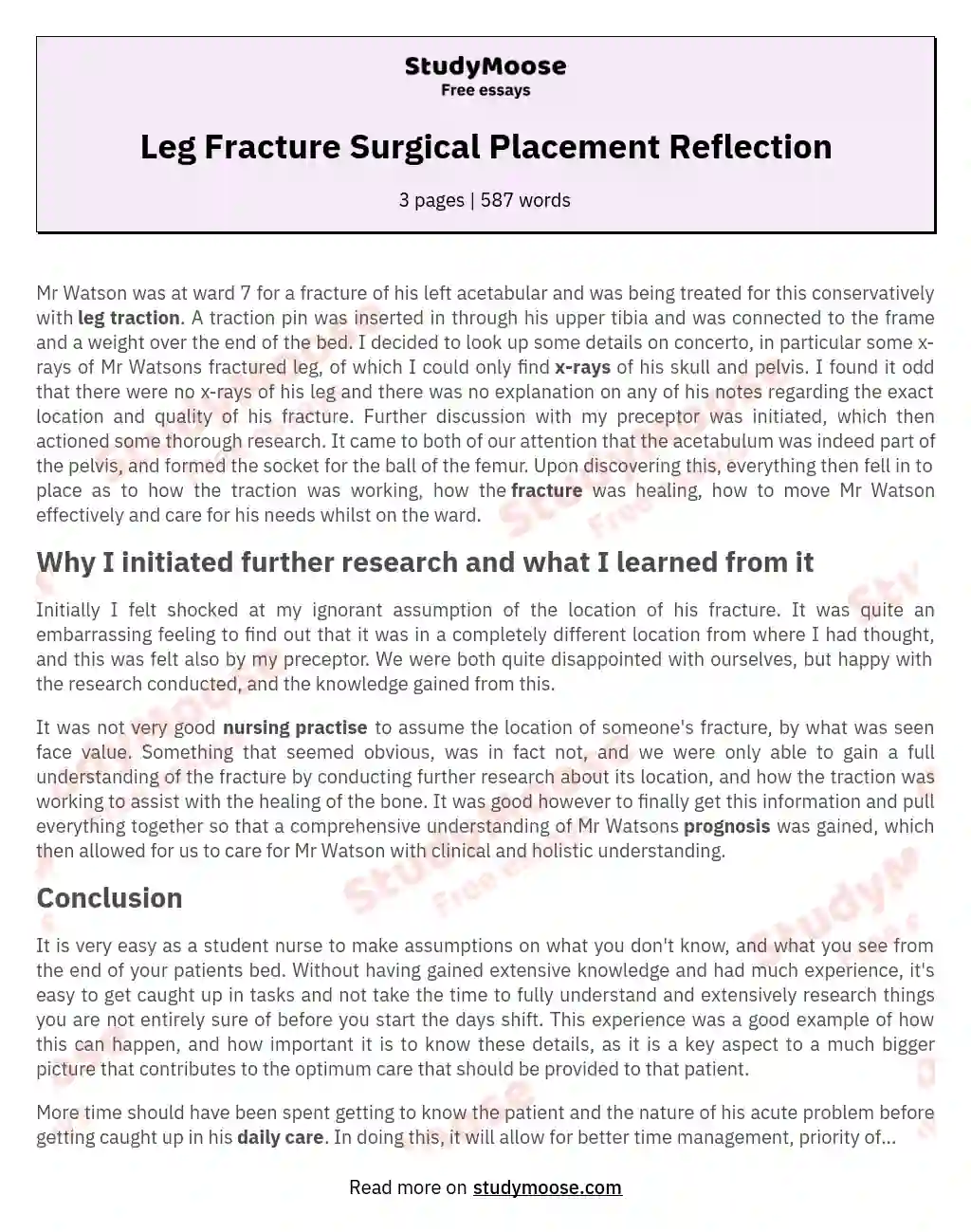 Leg Fracture Surgical Placement Reflection essay