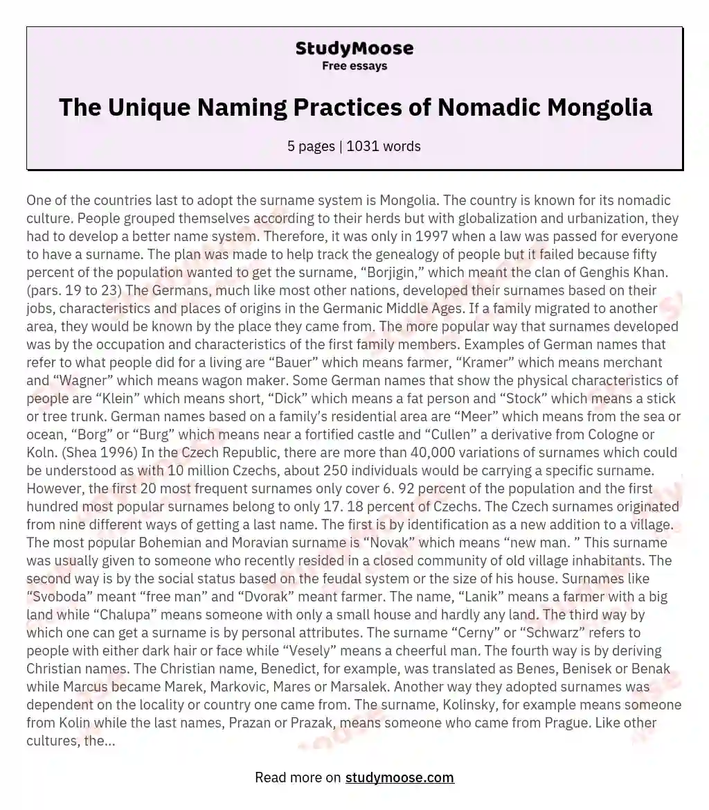 The Unique Naming Practices of Nomadic Mongolia essay