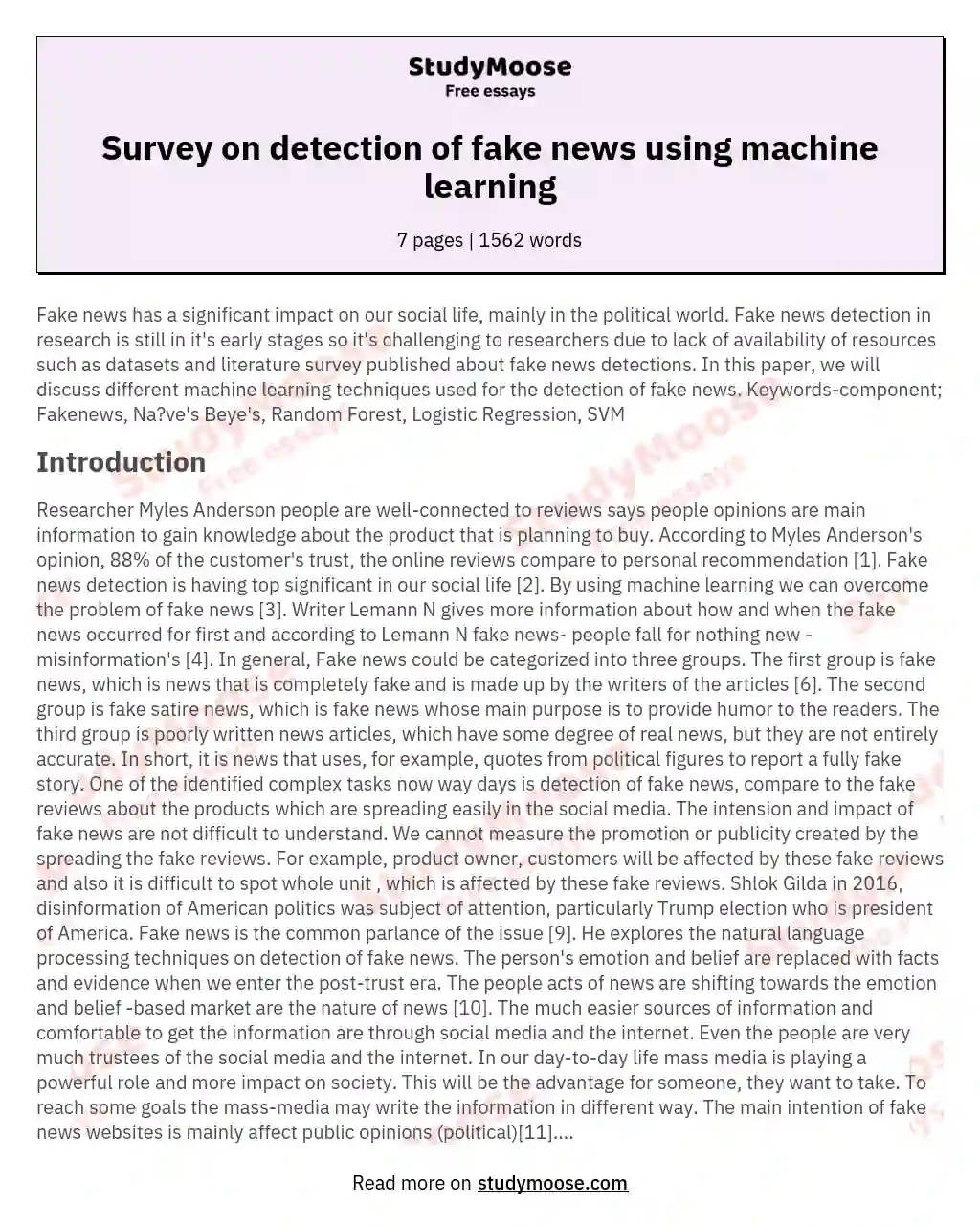 Survey on detection of fake news using machine learning