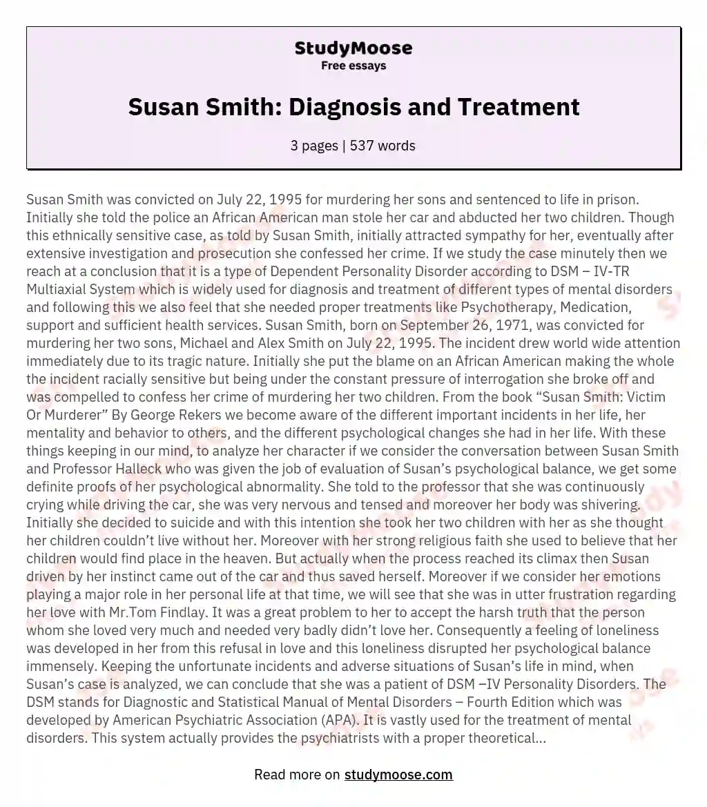 Susan Smith: Diagnosis and Treatment
