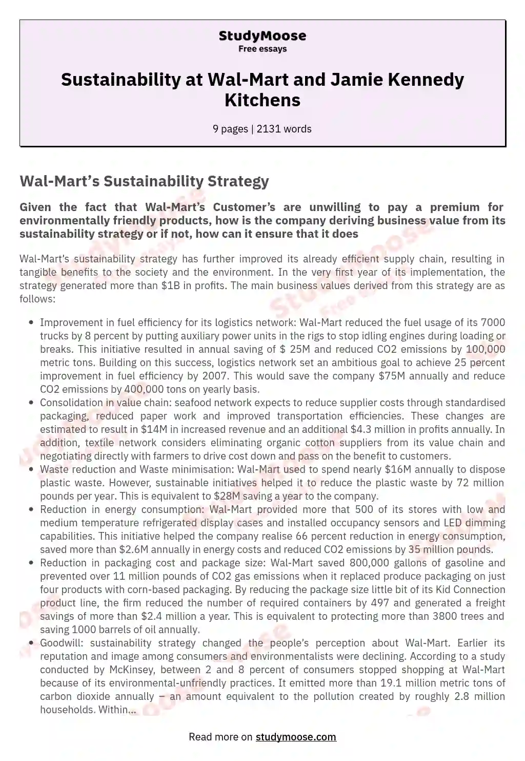 Sustainability at Wal-Mart and Jamie Kennedy Kitchens essay