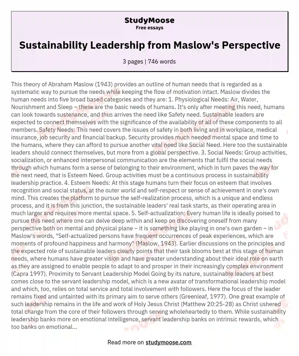 Sustainability Leadership from Maslow's Perspective essay