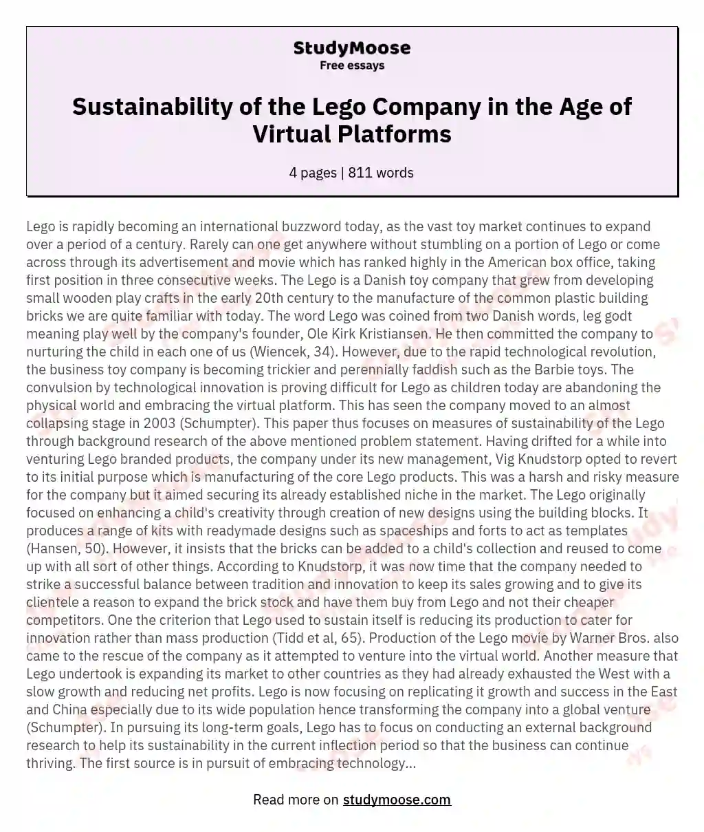 Sustainability of the Lego Company in the Age of Virtual Platforms essay