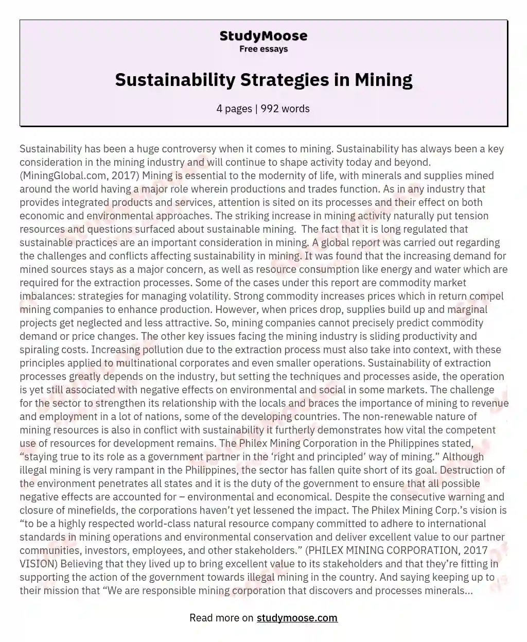Sustainability Strategies in Mining