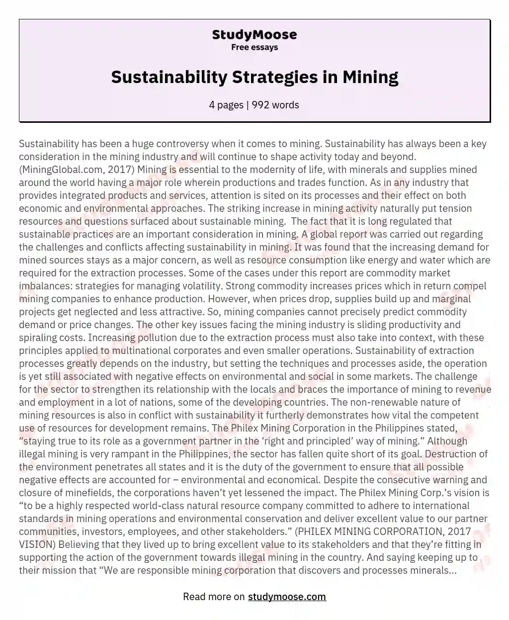 Sustainability Strategies in Mining essay