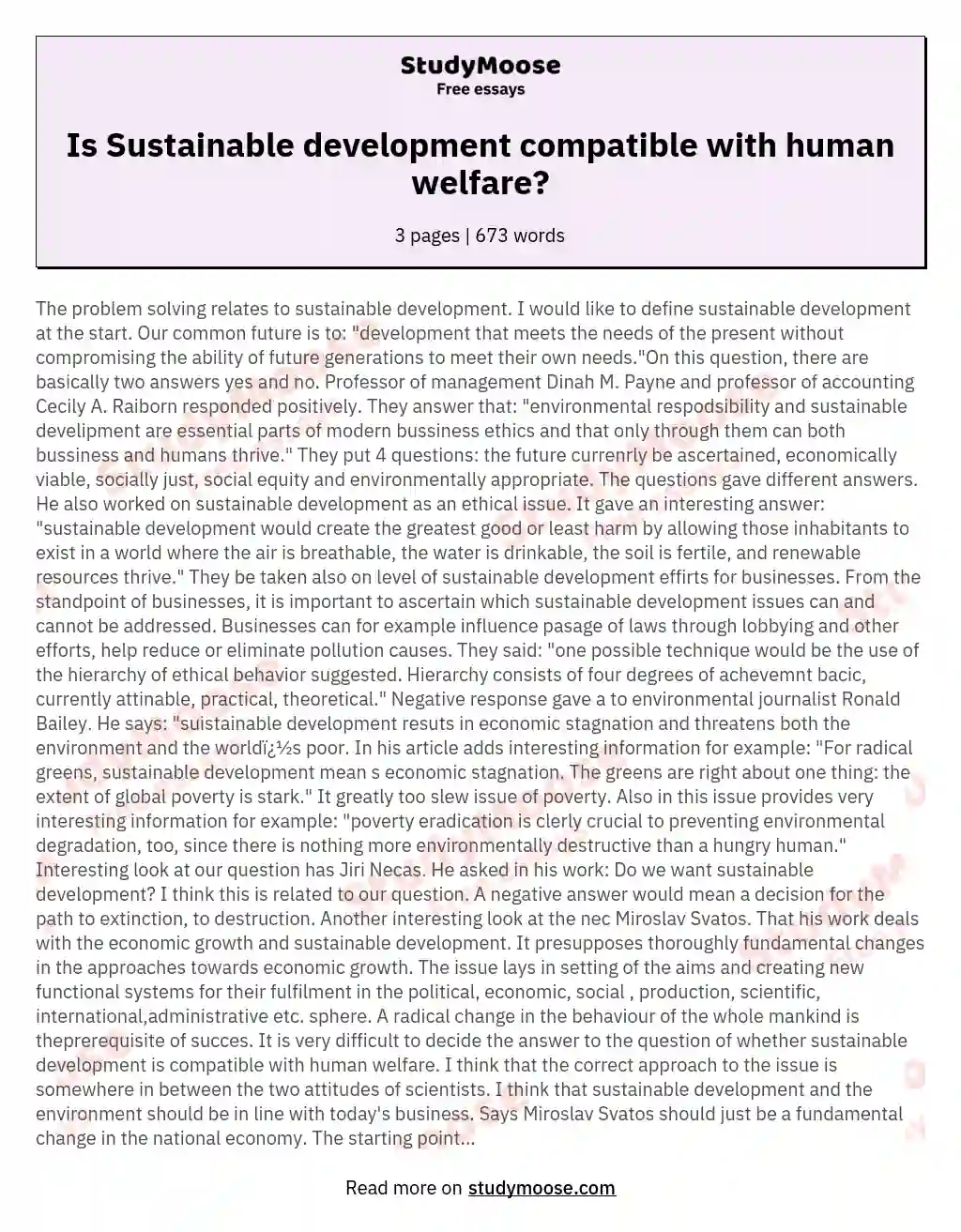 Is Sustainable development compatible with human welfare? essay