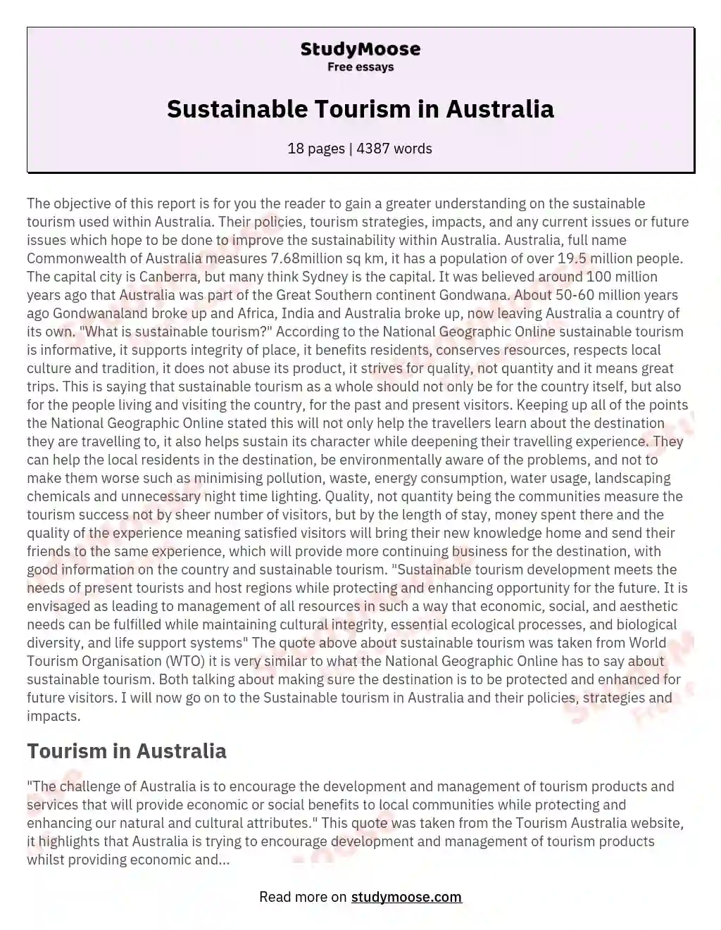 Sustainable Tourism in Australia essay