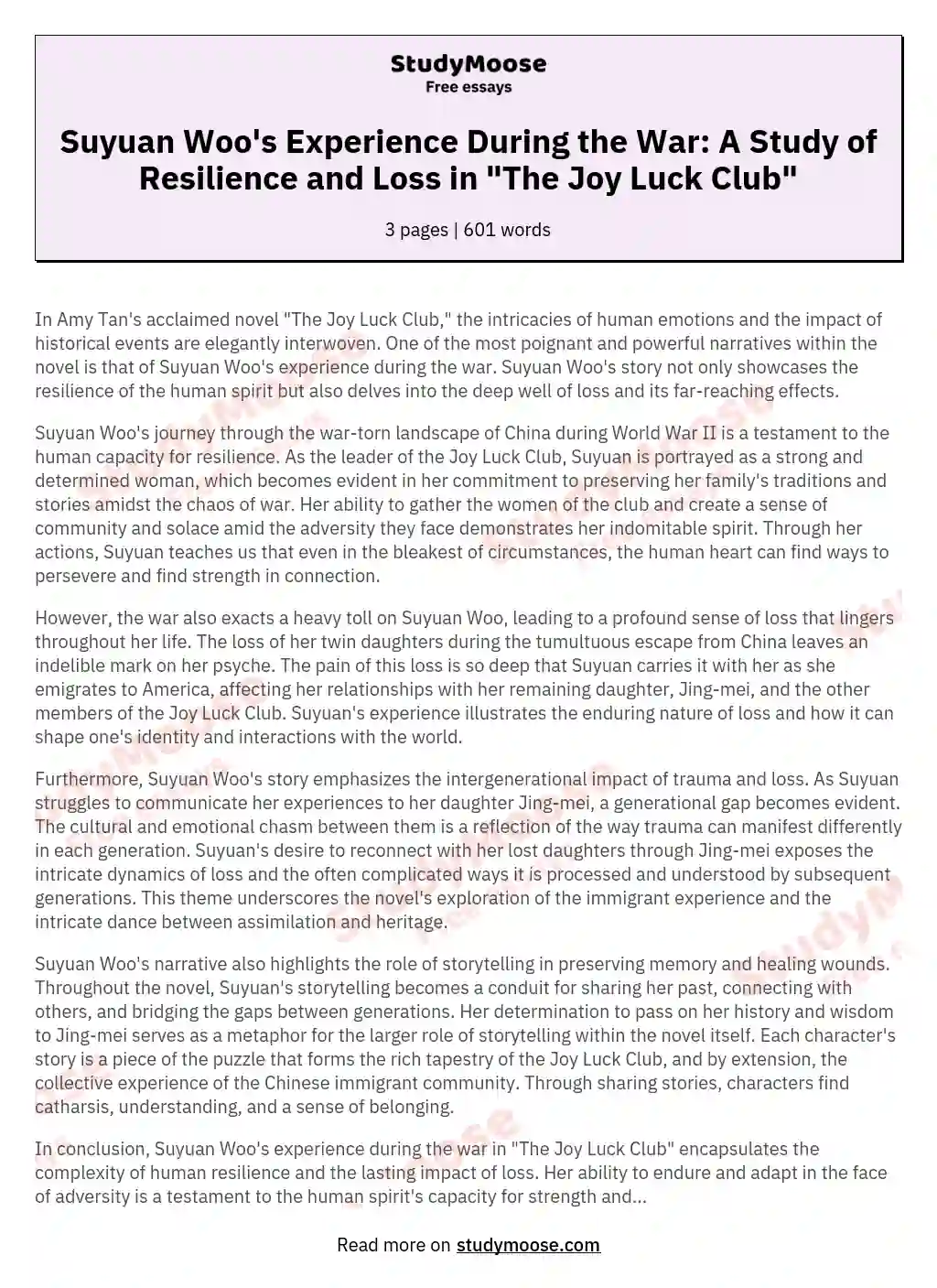 Suyuan Woo's Experience During the War: A Study of Resilience and Loss in "The Joy Luck Club" essay