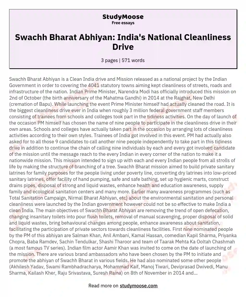 Swachh Bharat Abhiyan: India's National Cleanliness Drive essay