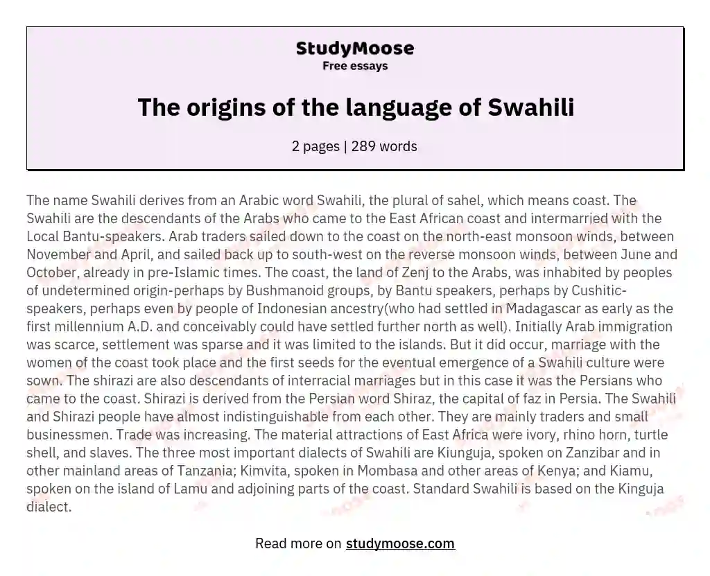The origins of the language of Swahili