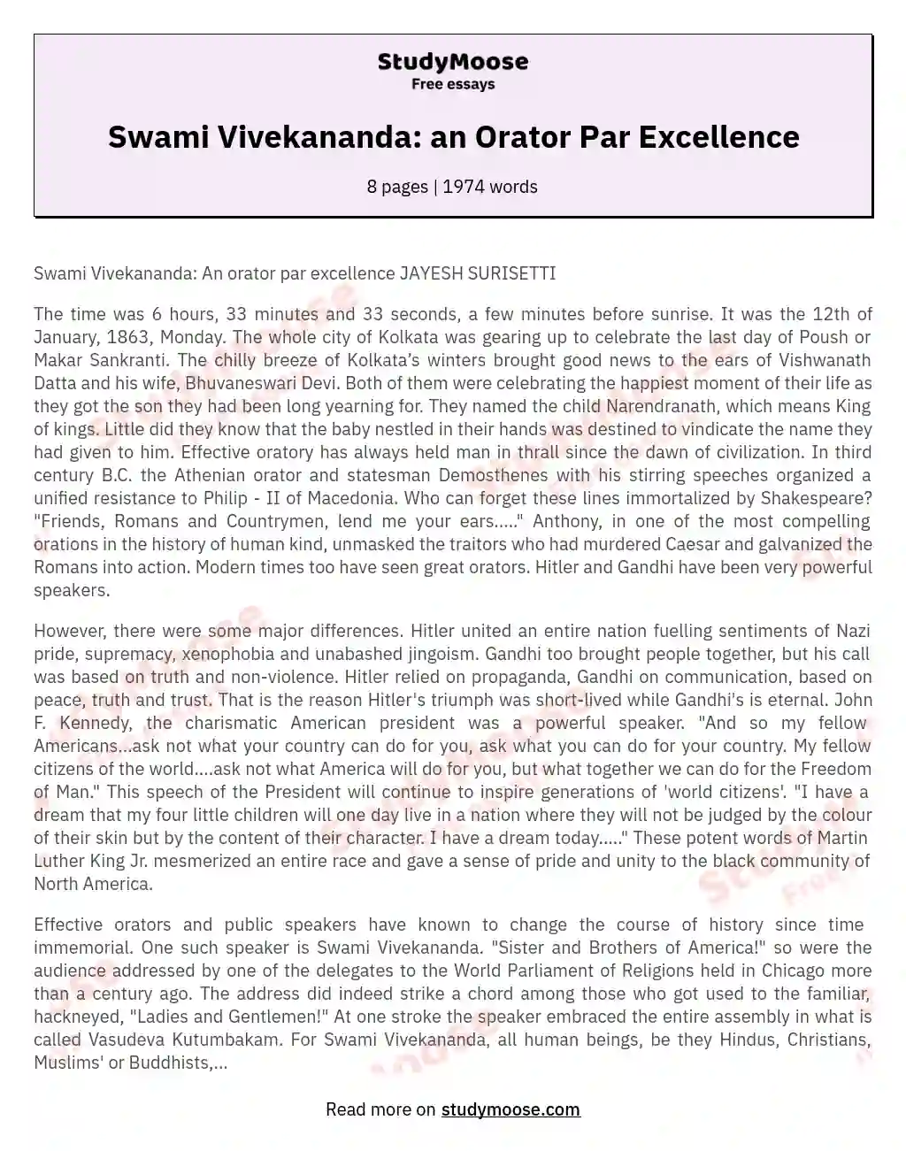 Swami Vivekananda: an Orator Par Excellence essay
