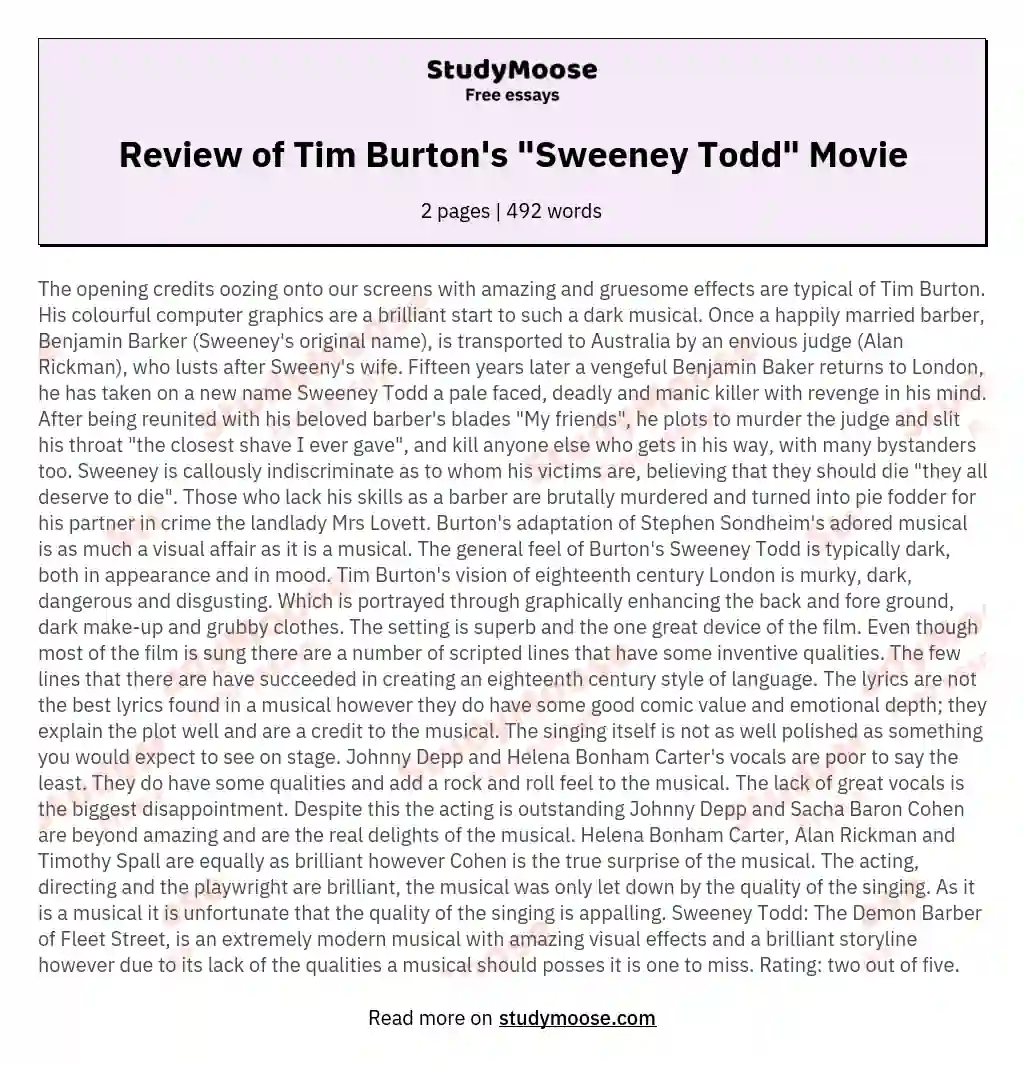 Review of Tim Burton's "Sweeney Todd" Movie essay