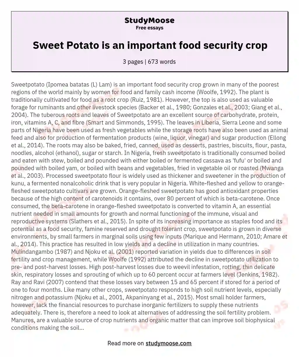Sweet Potato is an important food security crop essay