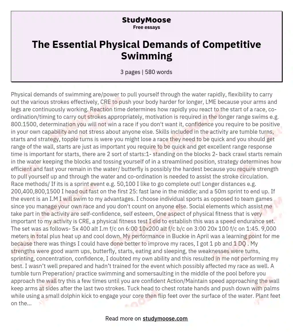 The Essential Physical Demands of Competitive Swimming essay