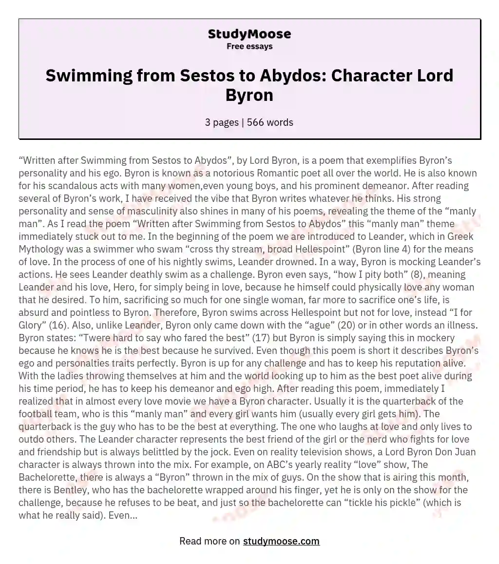 Swimming from Sestos to Abydos: Character Lord Byron essay