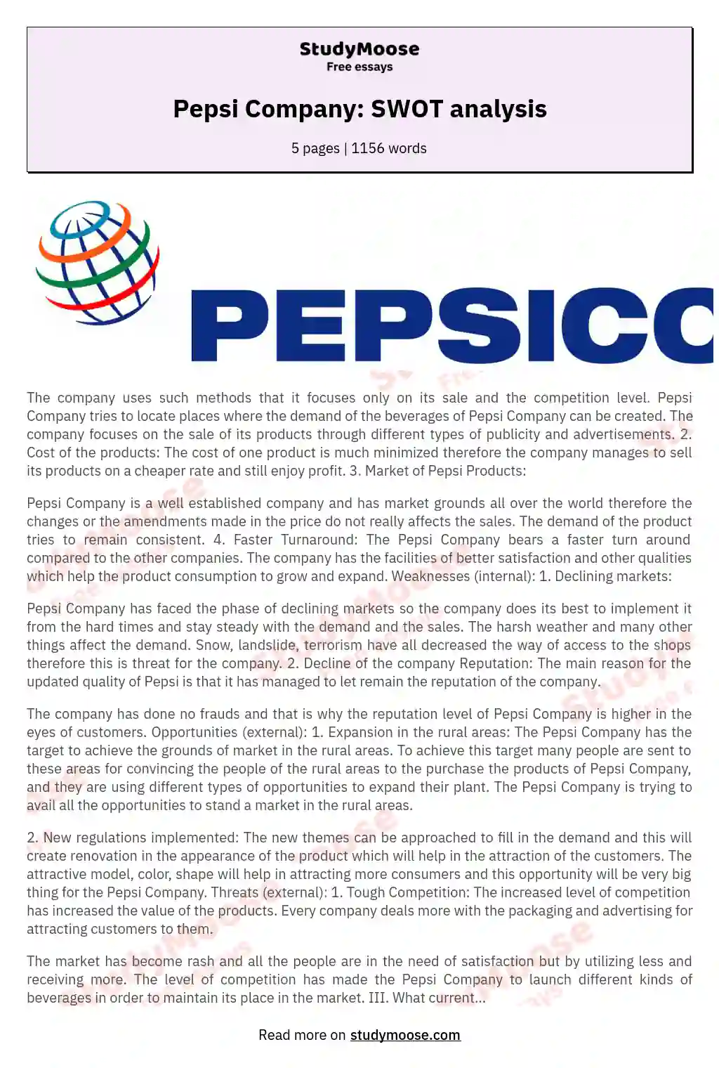 Pepsi Company: SWOT analysis essay