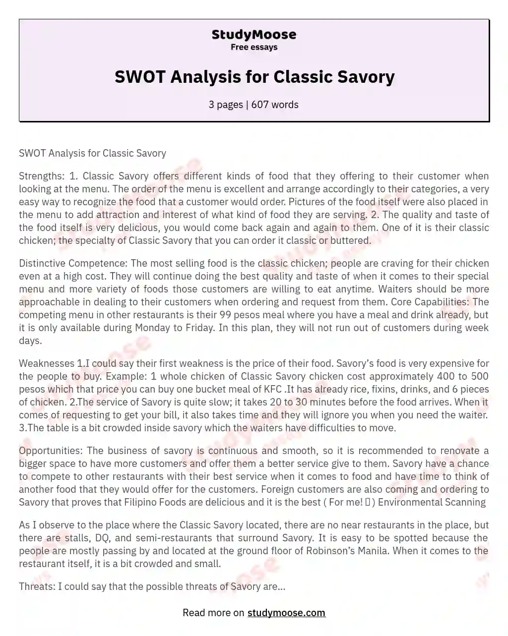 SWOT Analysis for Classic Savory essay