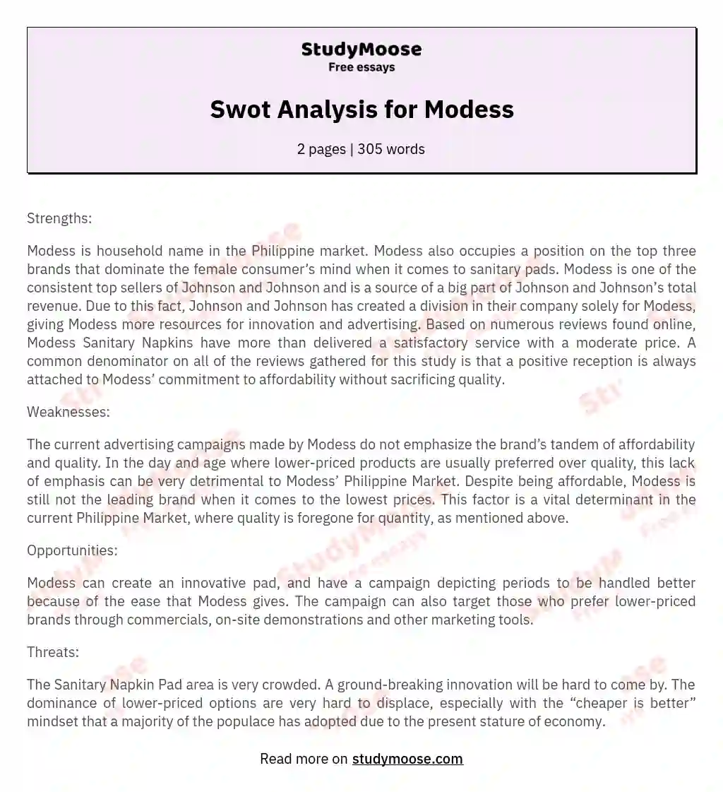 Swot Analysis for Modess essay