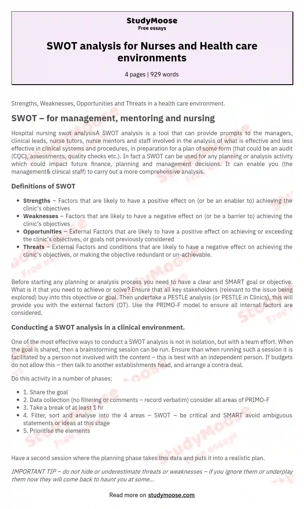 SWOT analysis for Nurses and Health care environments essay