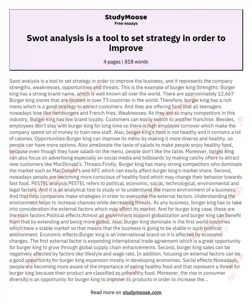Swot analysis is a tool to set strategy in order to improve essay