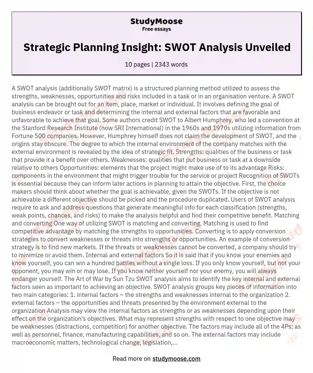 Strategic Planning Insight: SWOT Analysis Unveiled essay