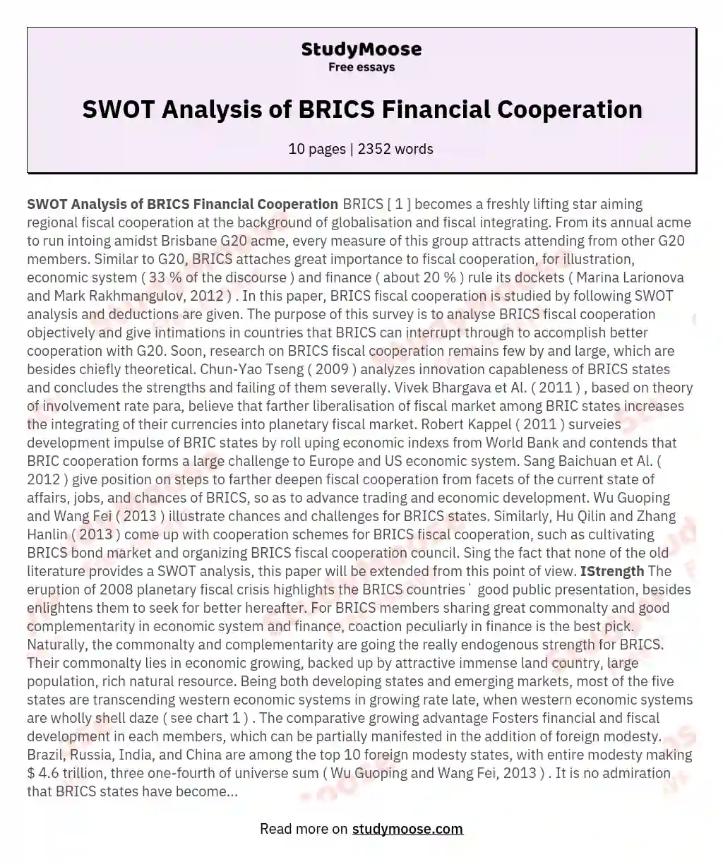 SWOT Analysis of BRICS Financial Cooperation essay