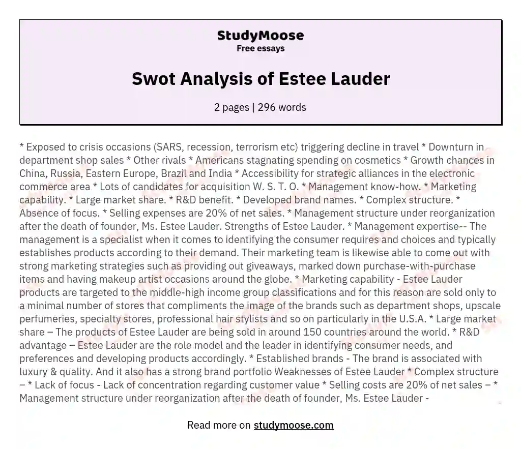 Swot Analysis of Estee Lauder essay