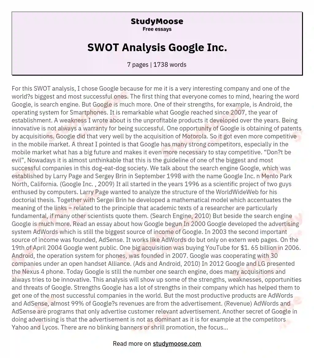 SWOT Analysis Google Inc. essay