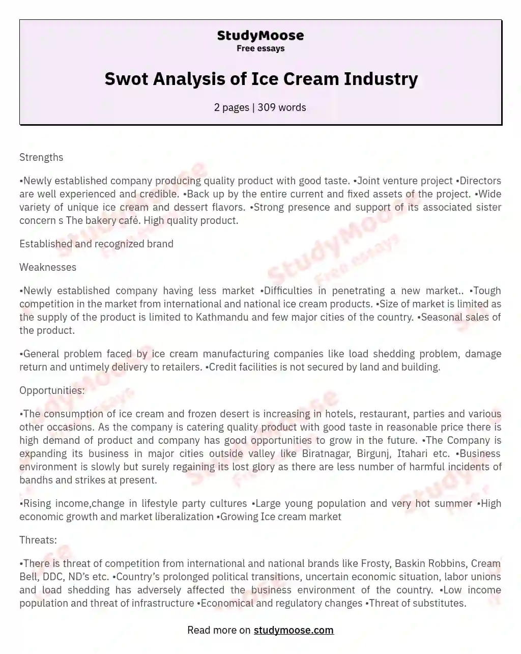 Swot Analysis of Ice Cream Industry essay