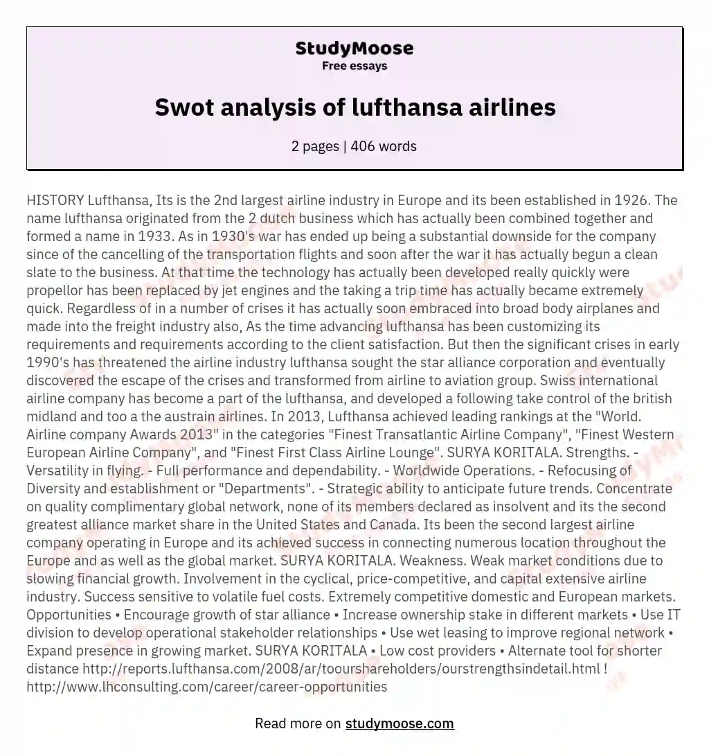 Swot analysis of lufthansa airlines essay