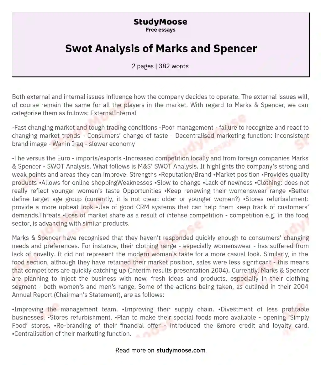 Swot Analysis of Marks and Spencer