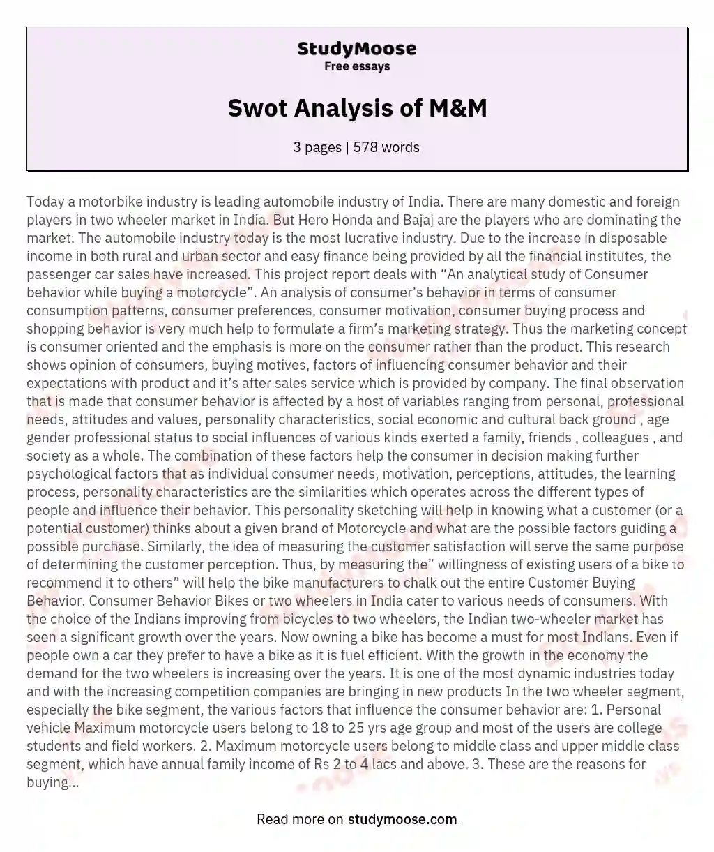 Swot Analysis of M&amp;M essay