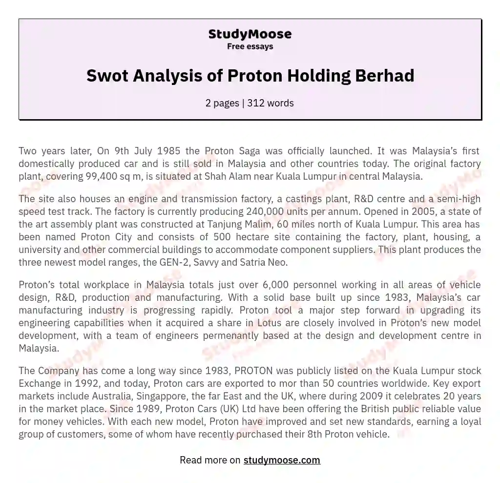 Swot Analysis of Proton Holding Berhad essay