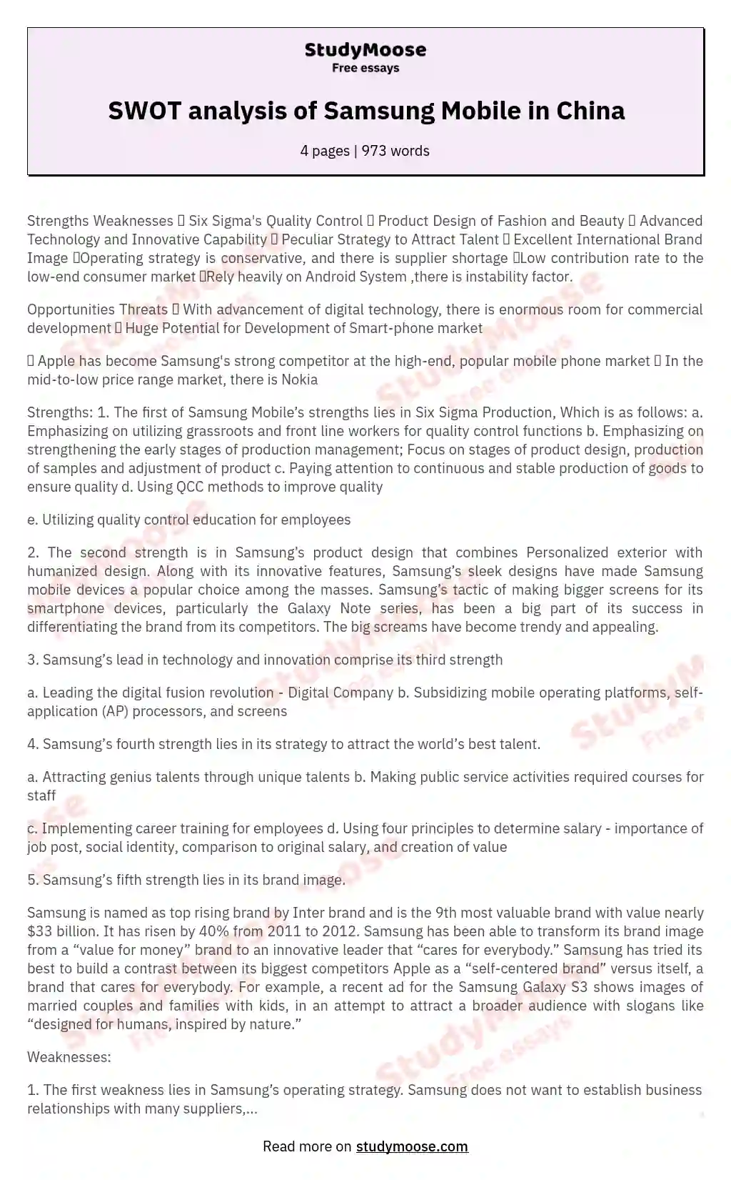 SWOT analysis of Samsung Mobile in China essay