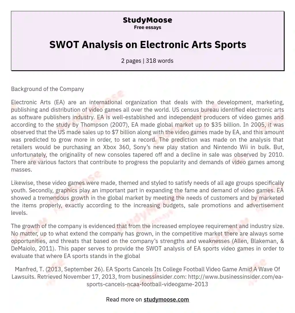 SWOT Analysis on Electronic Arts Sports essay