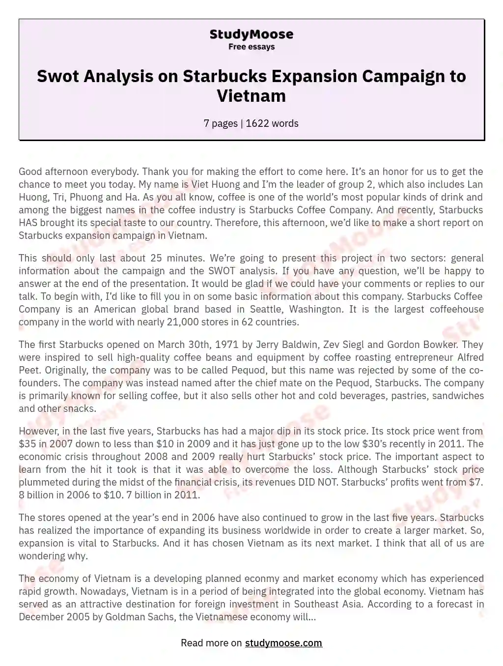 Swot Analysis on Starbucks Expansion Campaign to Vietnam essay