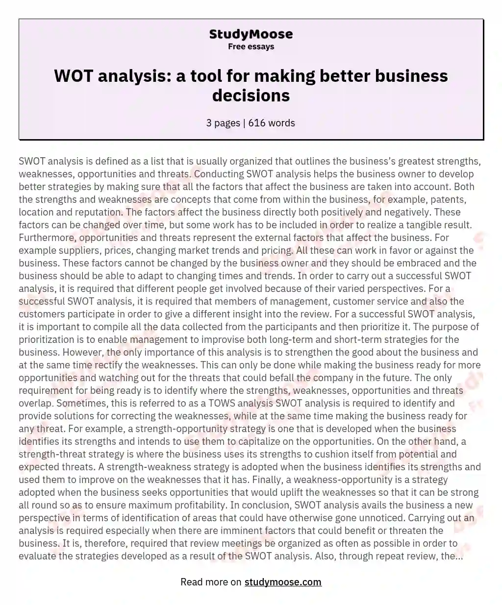 WOT analysis: a tool for making better business decisions essay