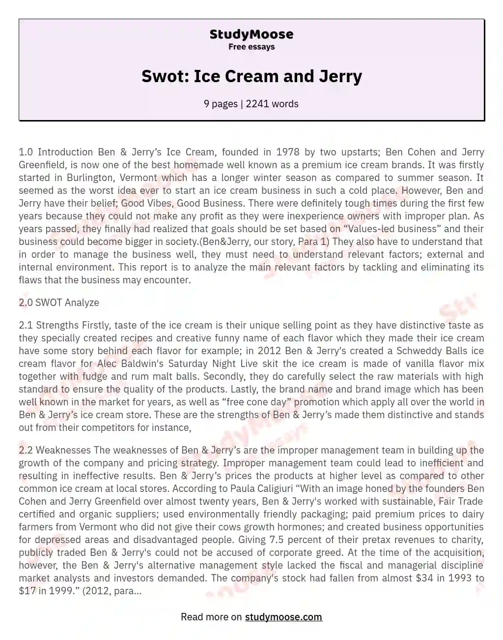 Swot: Ice Cream and Jerry essay
