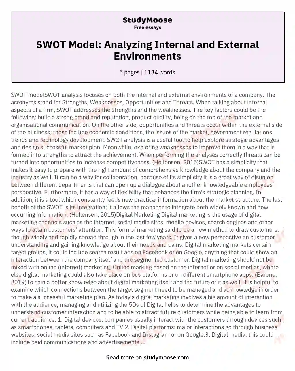 SWOT Model: Analyzing Internal and External Environments essay