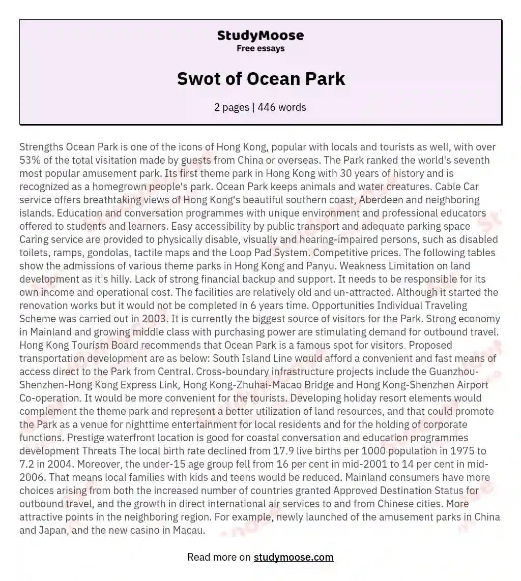 Swot of Ocean Park essay