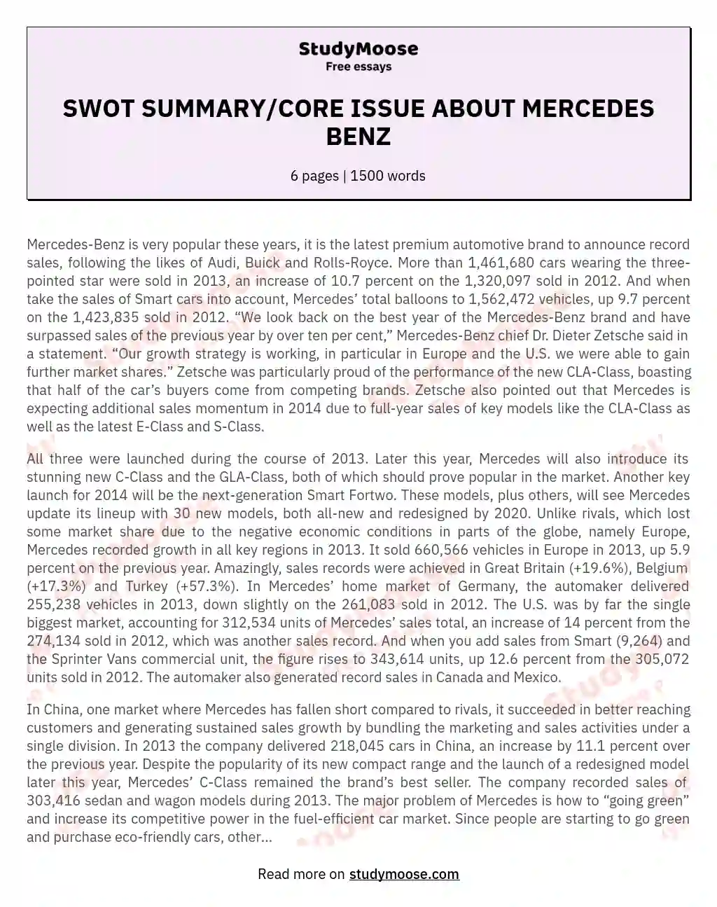 SWOT SUMMARY/CORE ISSUE ABOUT MERCEDES BENZ essay