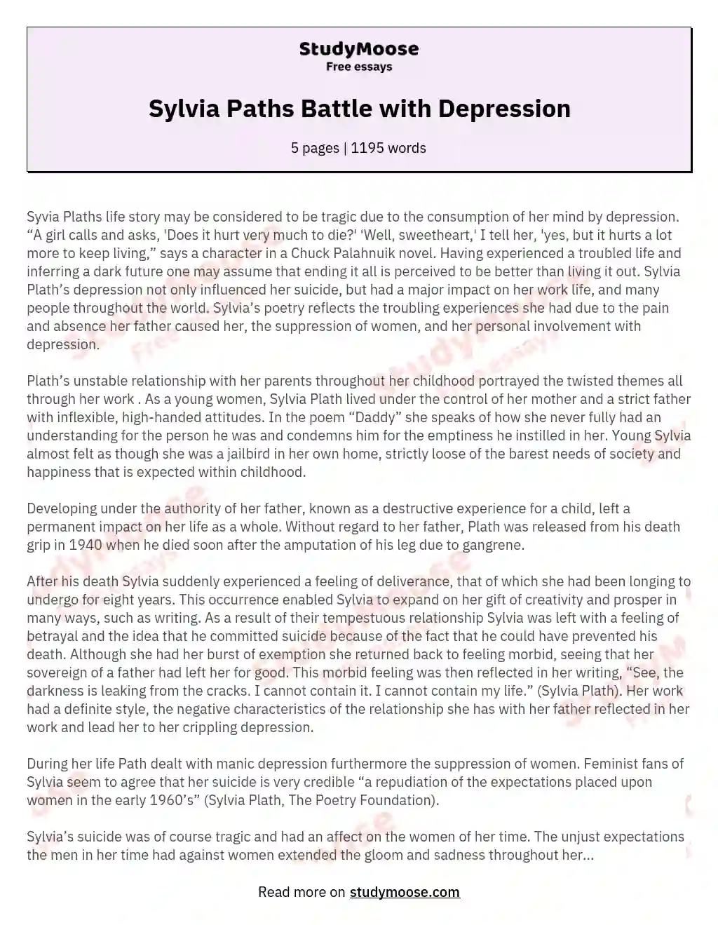 Sylvia Paths Battle with Depression essay