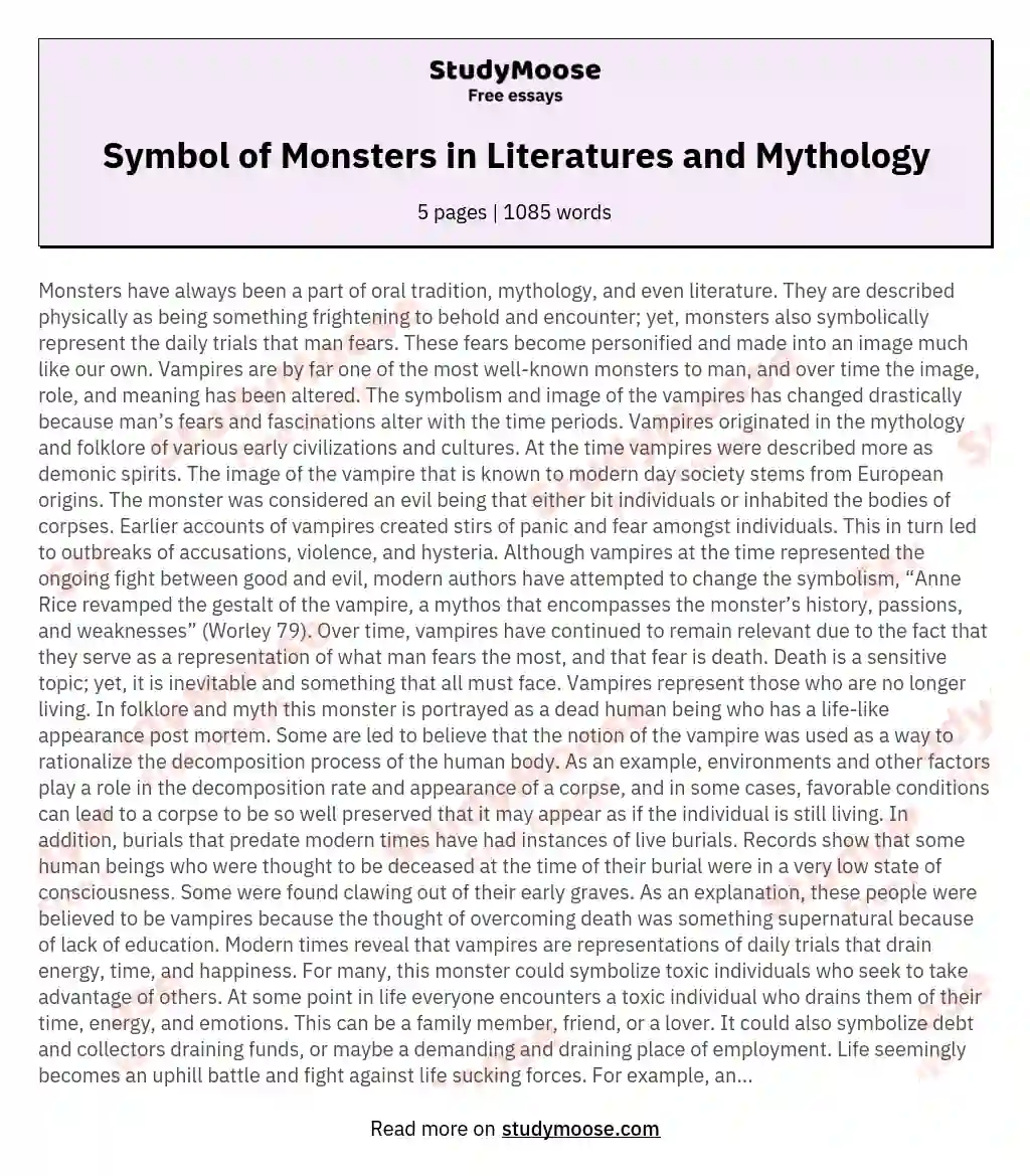 Symbol of Monsters in Literatures and Mythology essay