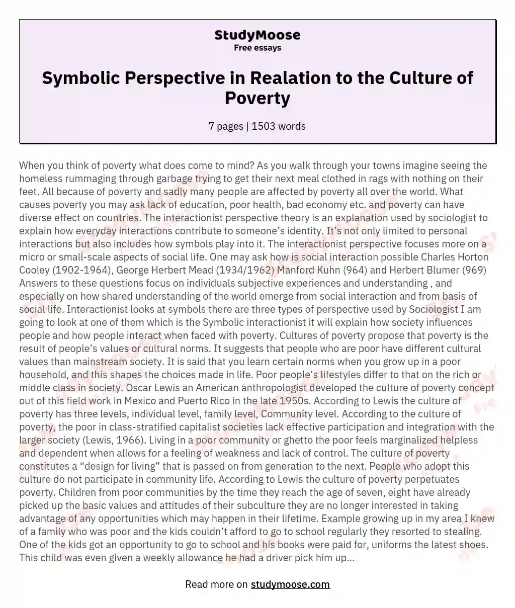 Symbolic Perspective in Realation to the Culture of Poverty essay